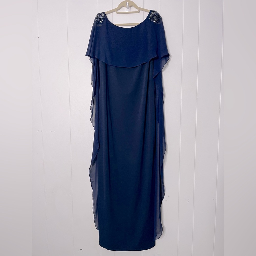 Teri Jon by Rickie Freeman Bateau Neckline Evening Gown Navy Beaded Silk Cape 14
